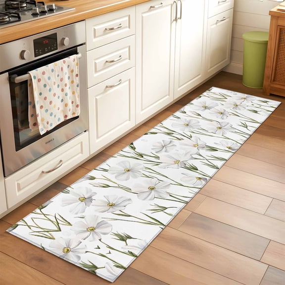 2'x6' Rug Runners for Hallways Kitchen, White Floral Non Slip Entryway Beside Floor Carpet Runner, Garden Floral Seasonal Botanical Blooms Washable Laundry Room Bedroom Throw Rugs Mat for Family Pet
