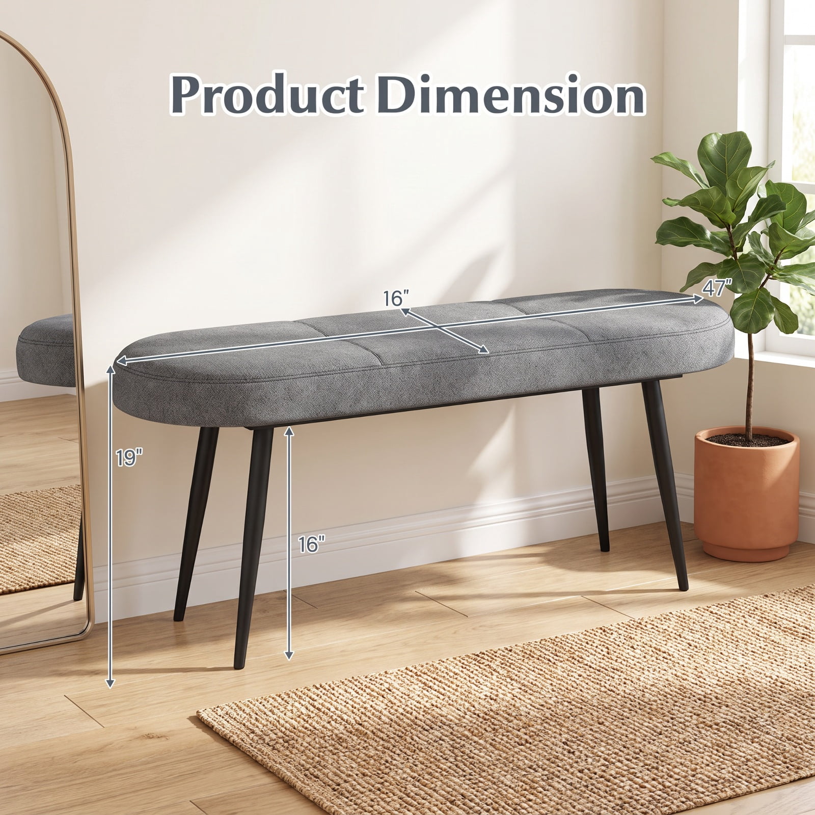 Furnibear 47 Inch Upholstered Entryway Bench with Button Tufted Cushioned Seat and Heavy Duty Metal Frame for Bedroom Foyer Dining Room, Gray