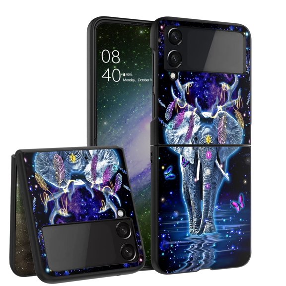 ANJ Hard Protective Printed Case Cover Compatible with Samsung Galaxy Z Flip 4 - Tribal Elephant Blue