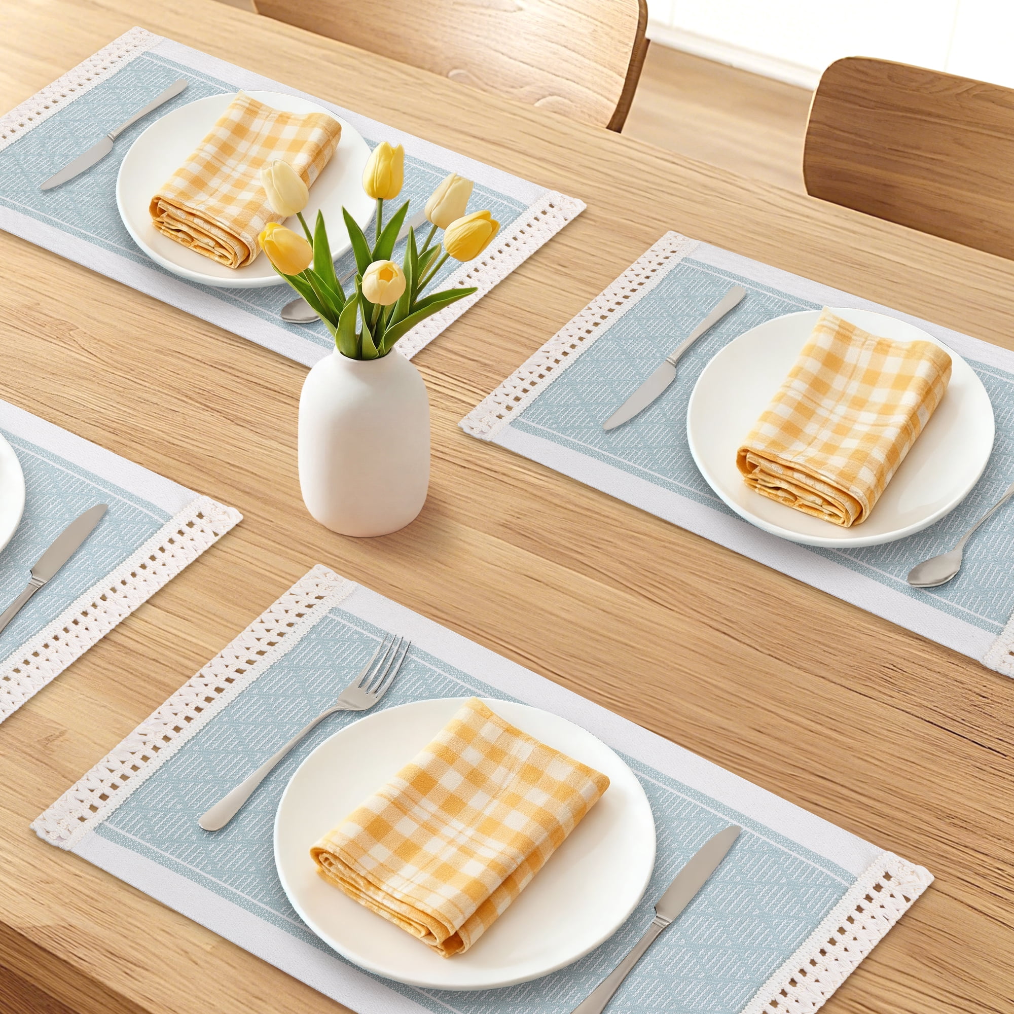 Unique Bargains Set of 4 Linen Farmhouse Placemats Light Green/White 17.7x13.8inch