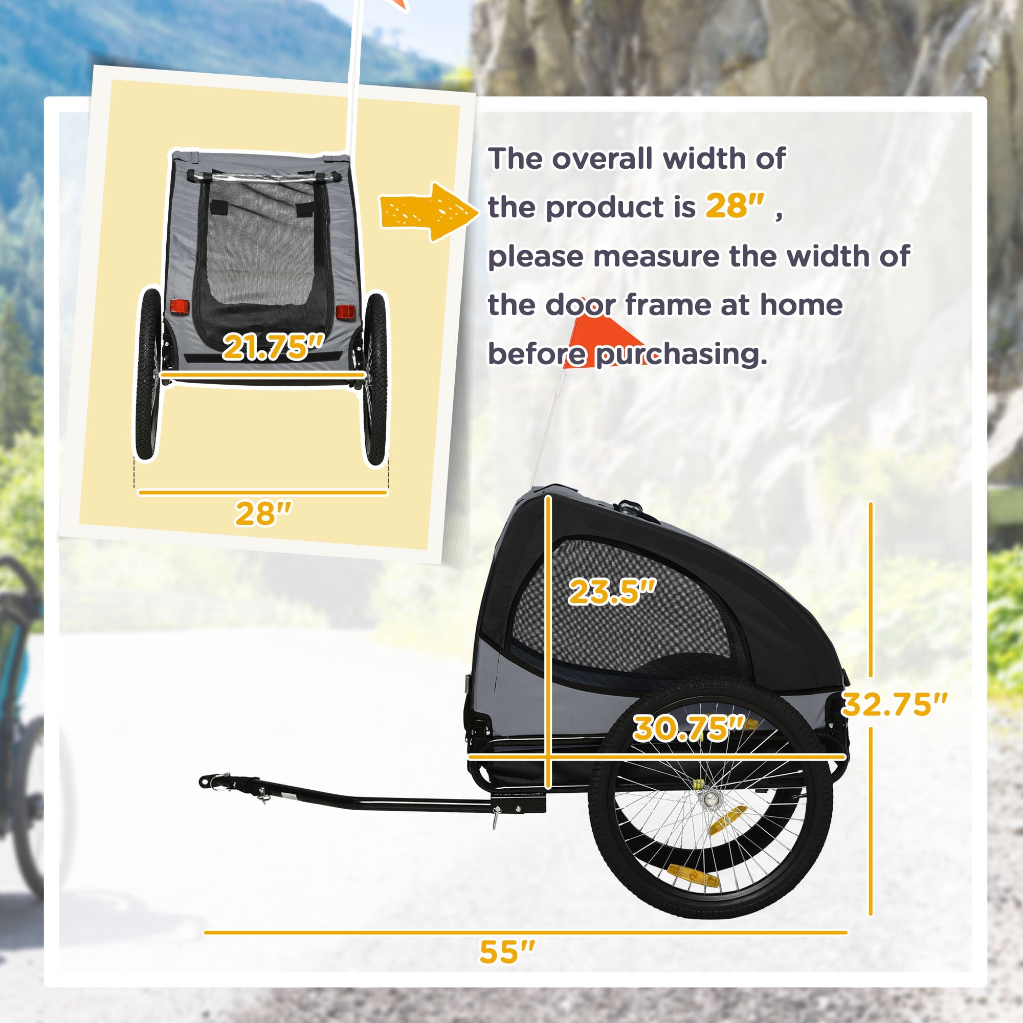 Dog Bike Trailer, Pet Bike Wagon with Steel Frame, Hitch Coupler, Quick Release Wheels, Reflectors, Flag, Pet Travel Carrier for Medium Dogs, Black