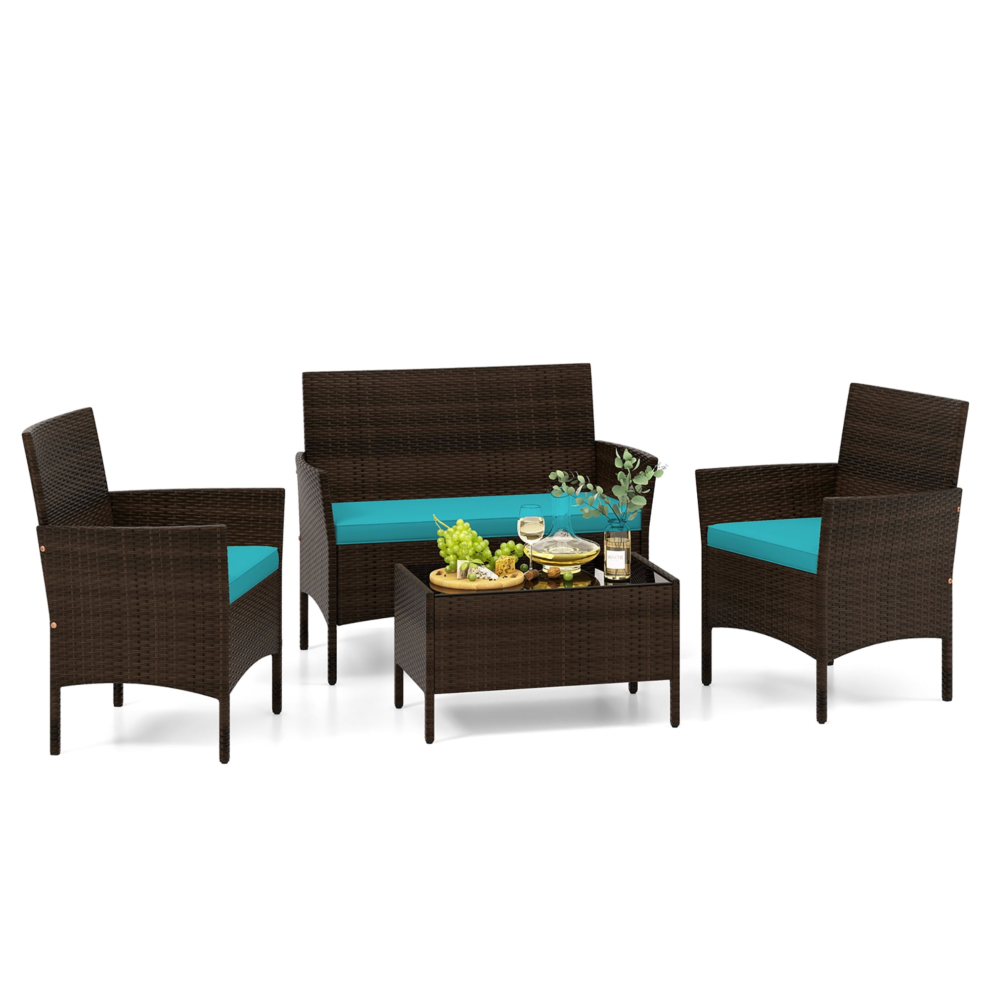 Gymax 4 Piece Patio Rattan Conversation Set Wicker Furniture Set w/ Chair Loveseat Outdoor