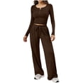 thumbnail image 1 of OIOLOYJM Two Piece Sets for Women Flowy Dressy Lounge Set Fashion Long Sleeve Cropped Tops Wide Leg Drawstring Pants Casual Outfits Spring Summer Vacation Travel Tracksuit Coffee XL, 1 of 4