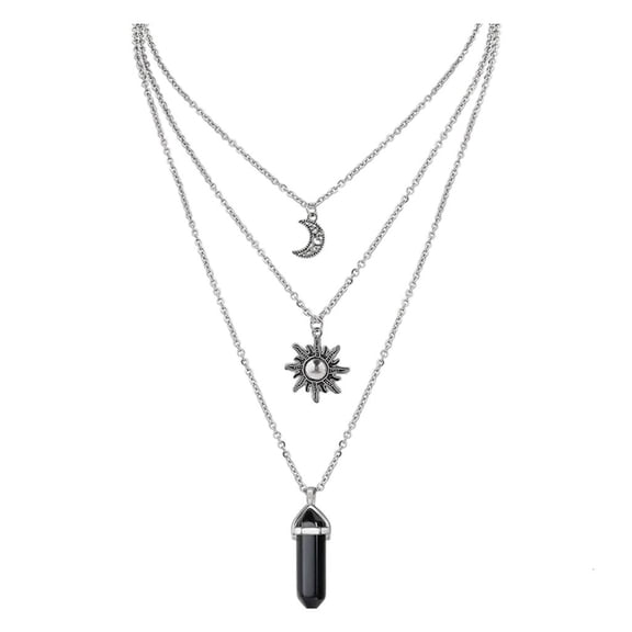 Hexagonal Agate Necklace Sun Moon Pendant Triple Layer Crystal Jewelry Accessory