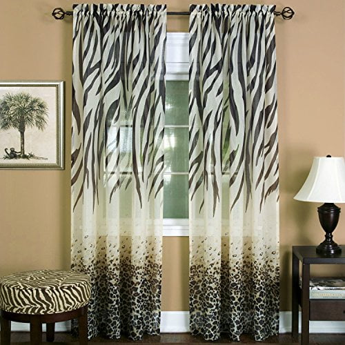 Savannah Collection Wild Safari Zebra and Leopard Print Set of 2 Sheer Panels in Brown (50" x 63")