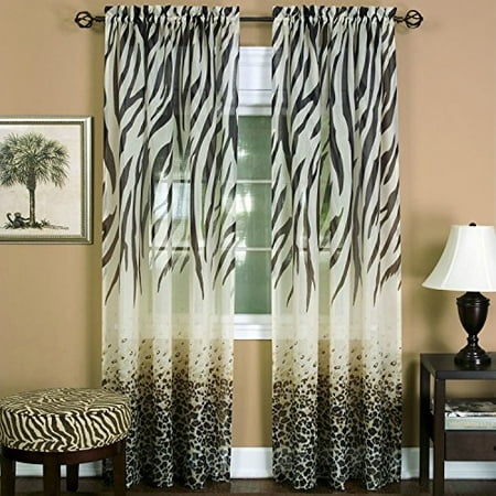 Leopard Print Sheer - Savannah Collection Wild Safari Zebra and Leopard Print Set of 2 Sheer Panels in Brown (50