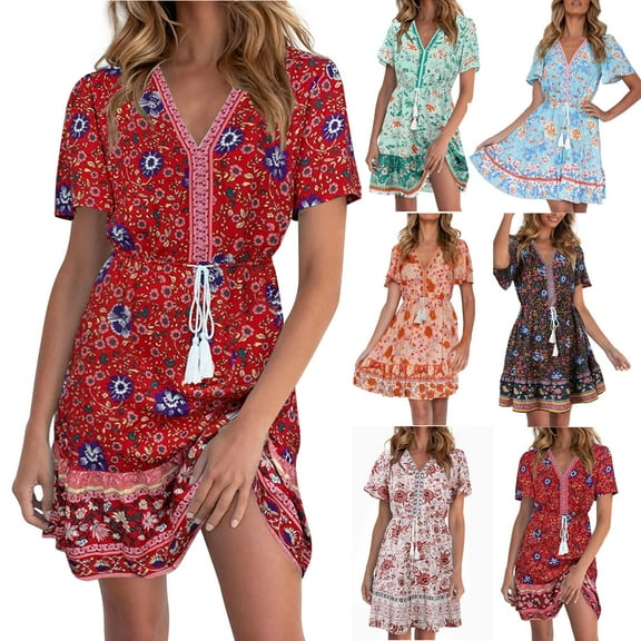 Azrian Womens Plus Size Clearance,Fashion Women's Summer Casual V-Neck Short-sleeve Printed Mini Dress on Sales