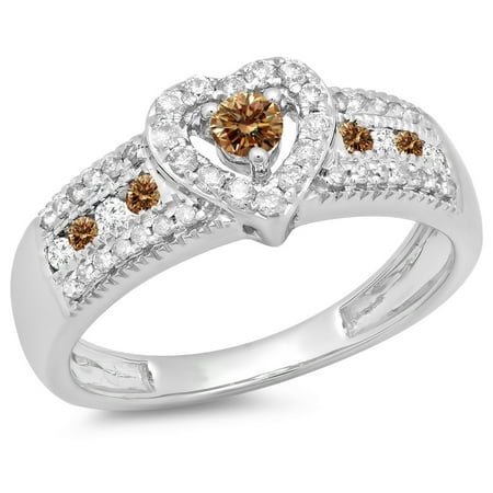 0.55 Carat (ctw) 18K White Gold Round Cut Champagne & White Diamond Ladies Bridal Heart Shaped Promise Engagement Ring 1