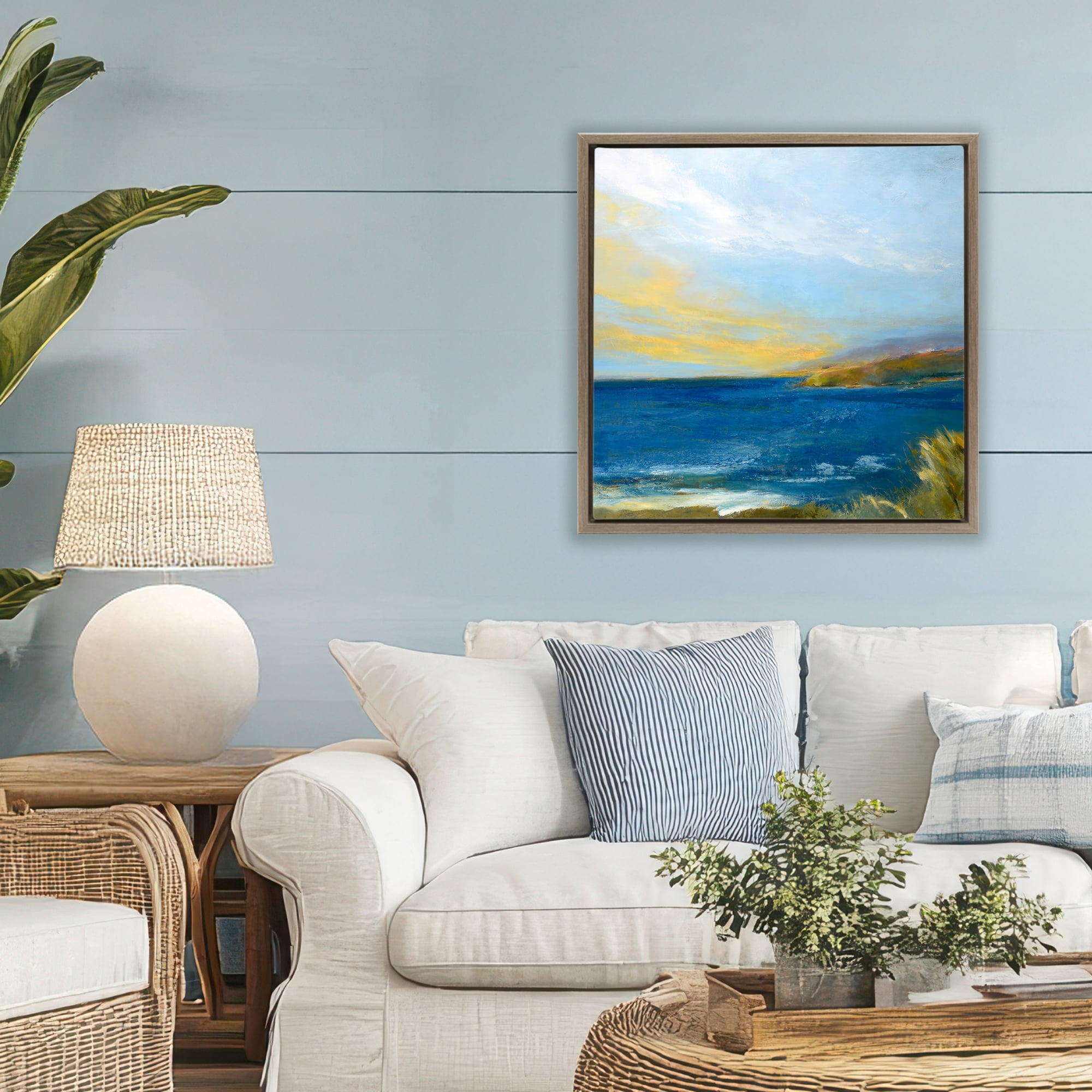 Stupell Industries Vibrant Ocean Light at Dusk Brown Framed Floater Canvas Wall Art, design by Patrick Dennis