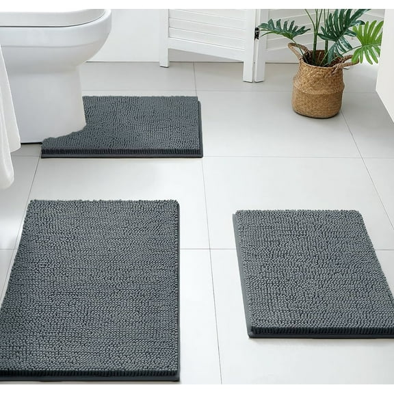 3 Piece Set Dark Grey Soft Cozy Plush Chenille Bath Mat Bathroom Rug