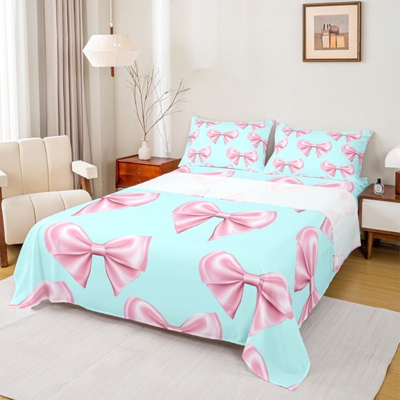 Manfei Dreamy Bowknot Twin Sheet Sets, Cyan Pink Bed Sheets Twin, Princess Ribbon Bedding Sets Twin Size, Super Cozy Room Decoration, 3 Pieces
