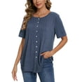 thumbnail image 3 of Women Summer Button Up Front Tops Shirts Casual Loose Pullover T-shirt Round Neck Pleated Tunic Blouses for Ladies Comfy Plain Tee, 3 of 9
