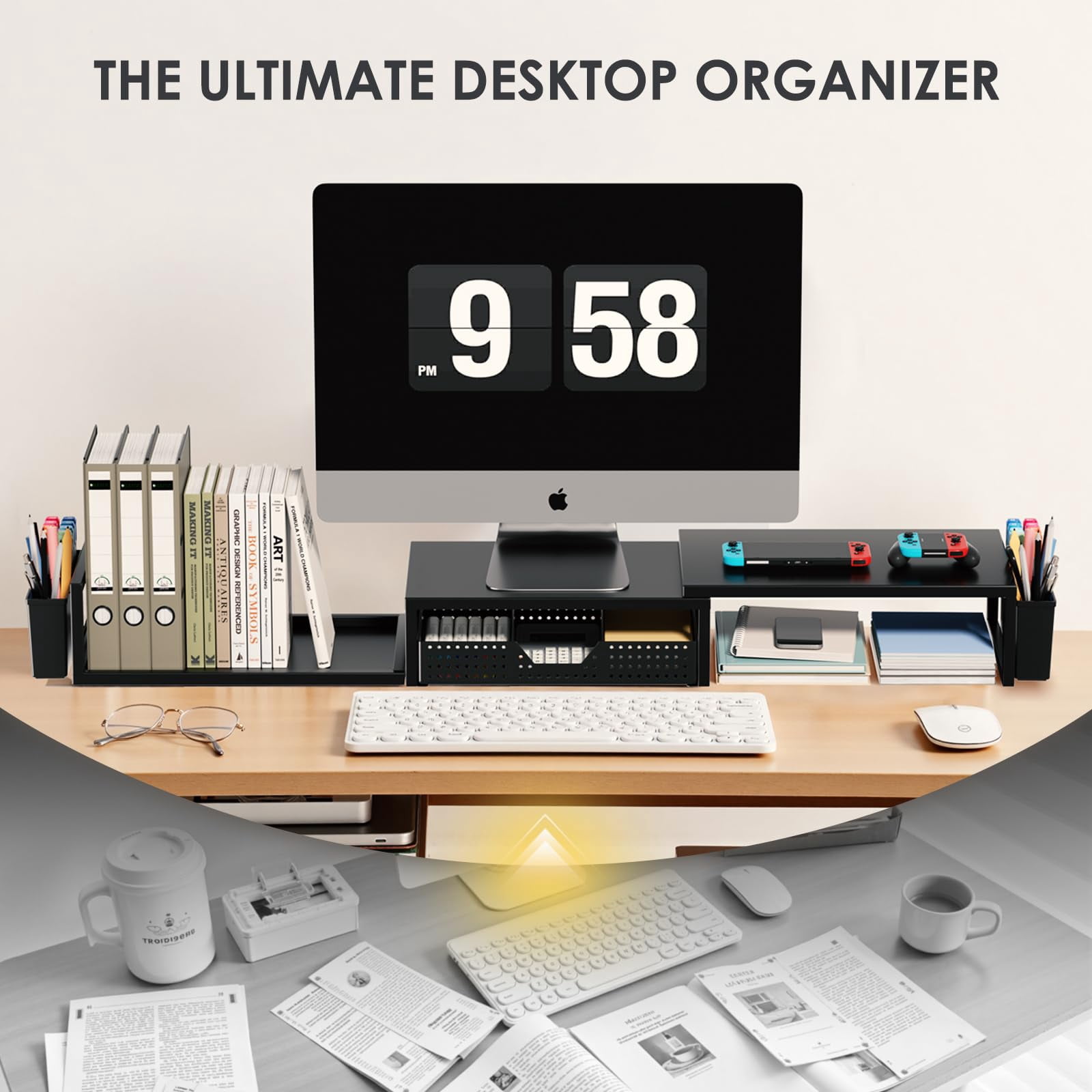 Desk Organizers And Accessories  Dual Monitor Stand Riser With Drawer 2 Pen Holders Shelf Metal Computer Racks For Office Workspace Desktop Organization (black Metal)