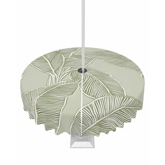 Hokiten Outdoor Tablecloths with Umbrella Hole & Zipper, Summer Palm Leaf Round Tablecloths 60 Inch, Green Tropical Bloom Silhouettes Waterproof Table Cloth, Patio/Pool/Picnic Table Covers