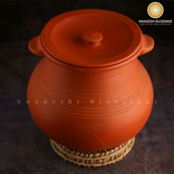 Swadeshi Blessings Unglazed Clay Pot for Cooking, 2L/ Unglazed Indian Earthen Handi/ Lead Free Clay Biryani Pot