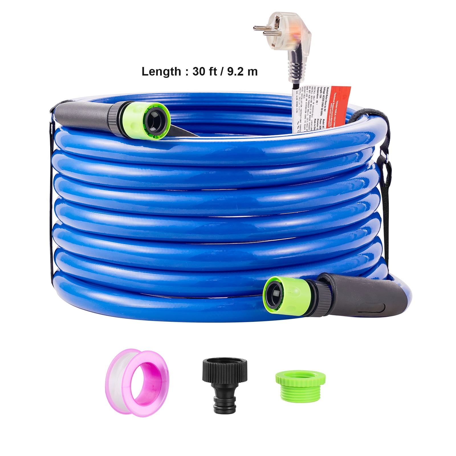 KFFKFF 30ft RV Heated Hose, Prevents Freezing Down to -45°F, Self-Regulating, 5/8" Inner Diameter, Includes 3/4" GHT Adapter, Free from Lead and BPA