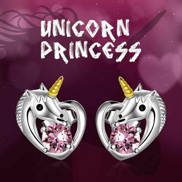 925 Sterling Silver Unicorn Love Heart Stud Earrings, Hypoallergenic