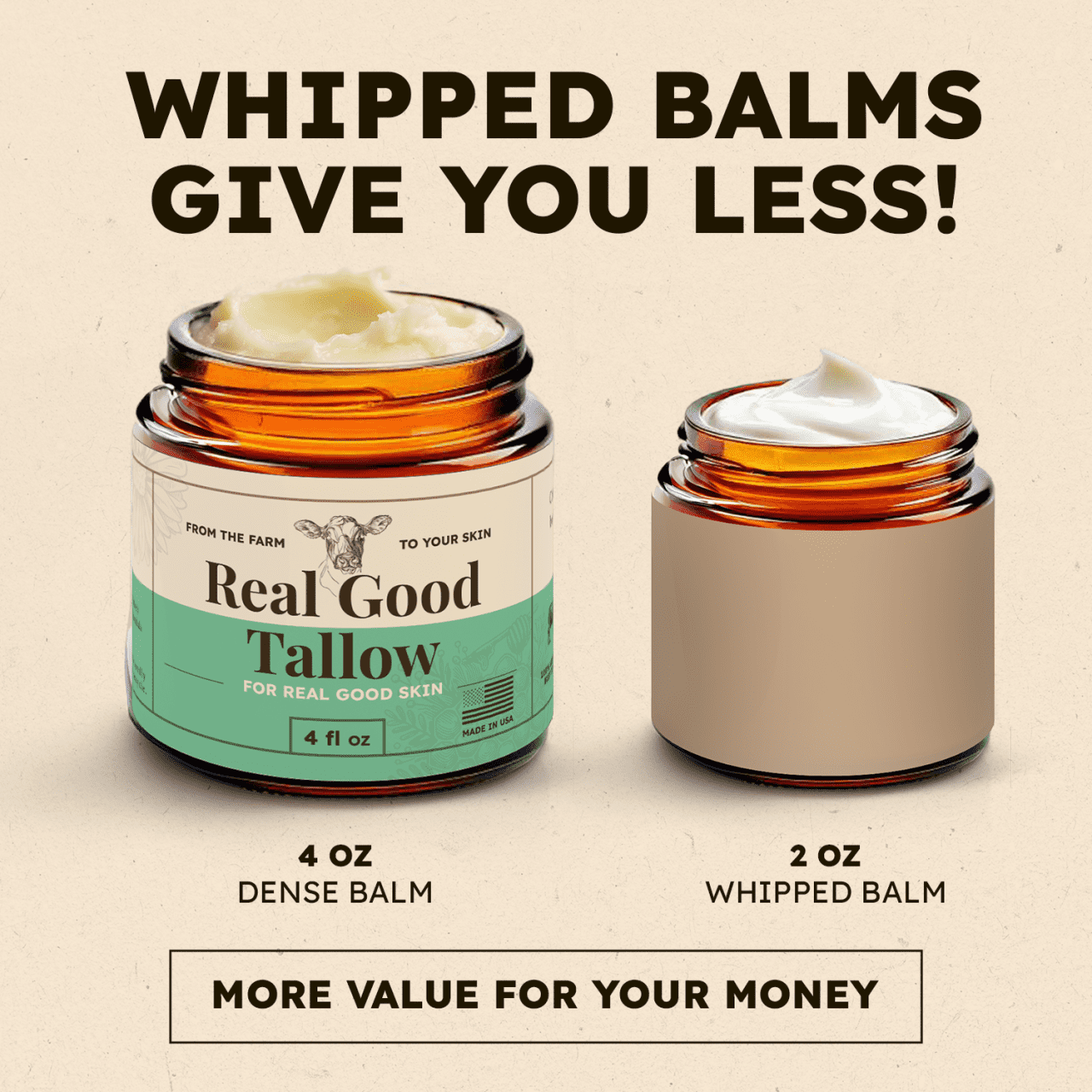 Real Good Tallow and Honey Balm - 100% Grass Fed & Finished Beef Tallow Face Moisturizer with Manuka Honey, Olive Oil & Calendula - 4 oz - Lotion for Real Good Skin  Made in USA