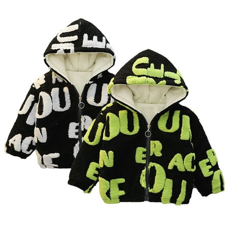 

Esaierr Toddler Baby Boys Autumn Winter Sweatshirt Jacket Plush Warm Outwear Newborn Thick Sweatsuit Coats Hooded Letter printing Fuzzy Zipper 9M-5Y Kid Autumn Winter Sports Outerwears