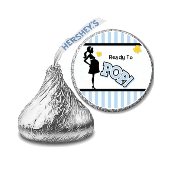 Ready to Pop Baby Shower Candy Labels, 3/4 inch Round Stickers, 100 Count, Blue Stripes