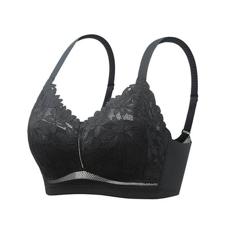 Yyeselk Women s Lace Bra Lightly Lined Cup Wirefree Unpadded Bra Full Coverage Everyday Bra Plus Size Minimizer Bra Black 100D
