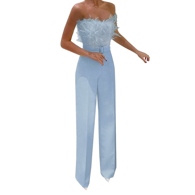 Penkiiy Combinaisons pour Femmes Combinaisons pour Femmes Coupe Ajustée Taille à Volants Combinaison Décontractée Bleu TP Combinaisons
