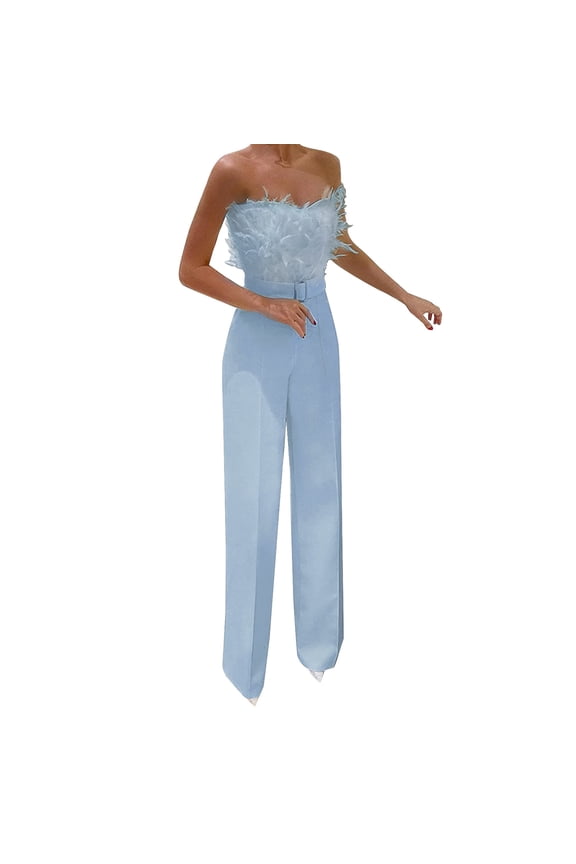 Summer UTSJKR Women Feather Off Shoulder Wide Leg Jumpsuit Elegant Party Clubwear Romper Party Clubwear Romper Jumpsuits for Women Blue 6