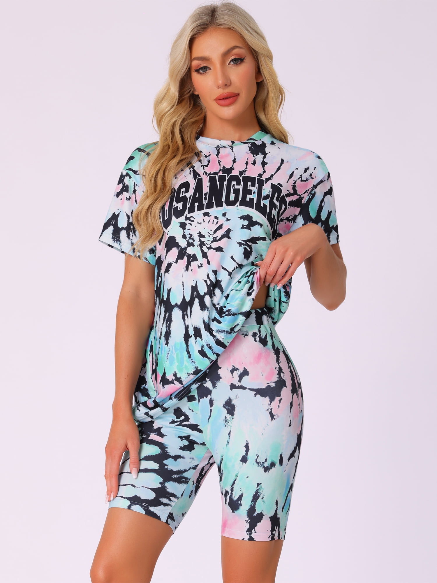 DARING DIVA Sport Sweatsuit Tie Dye Pullover Top Biker Shorts Pajama Set XS Blue Pink