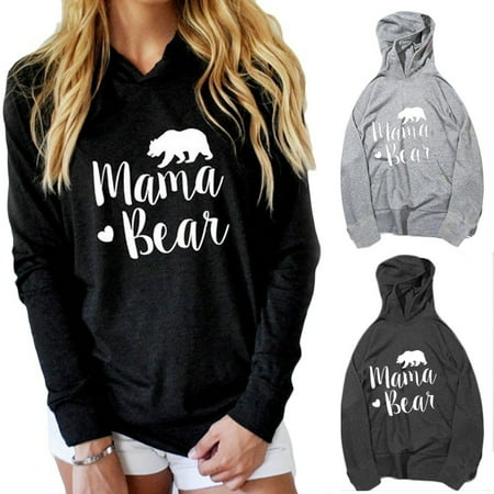 Women's Hoodie Long Sleeve Tops Sweatshirt Mama Bear Jumper Hooded Pullover Coat Tops