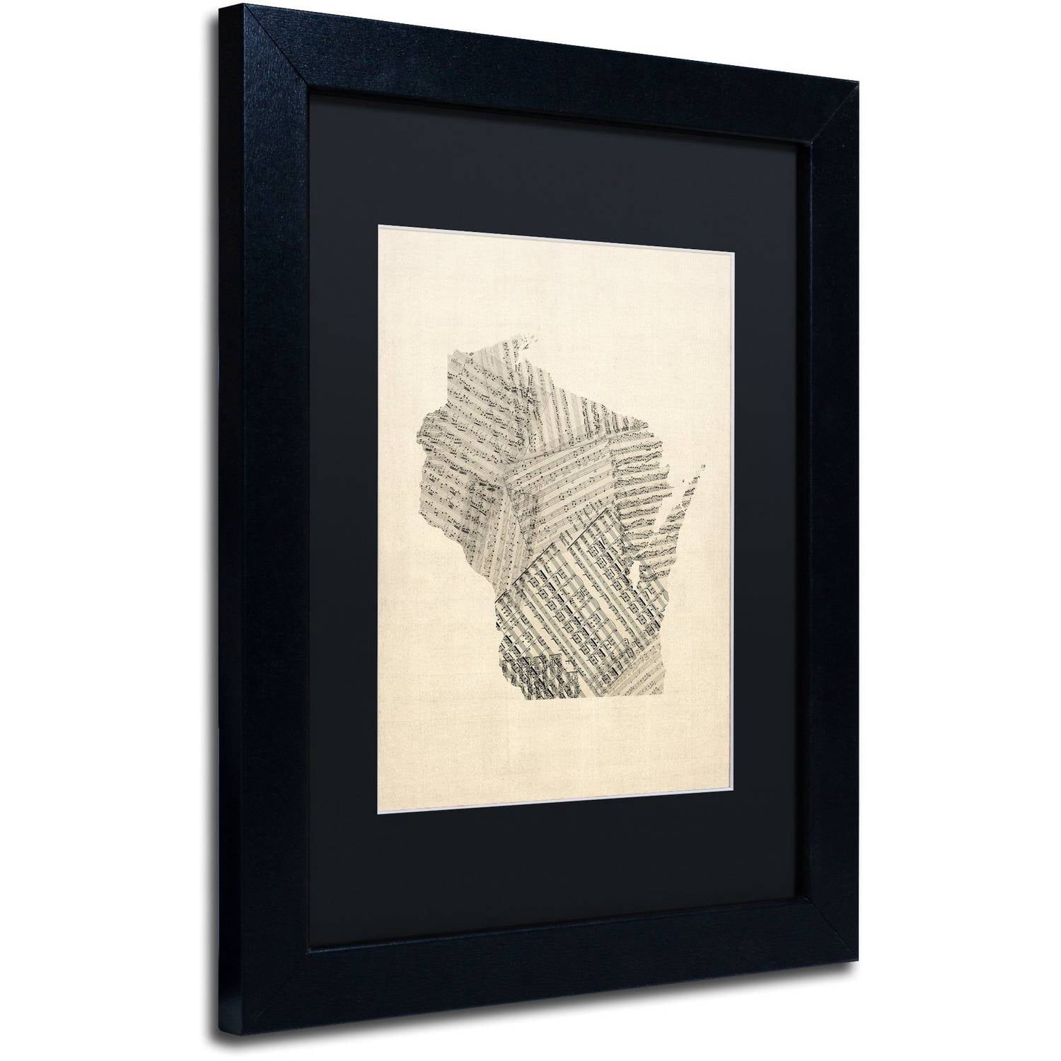 Trademark Fine Art 'Old Sheet Music Map of Wisconsin' Canvas Art by Michael Tompsett, Black Matte, Black Frame