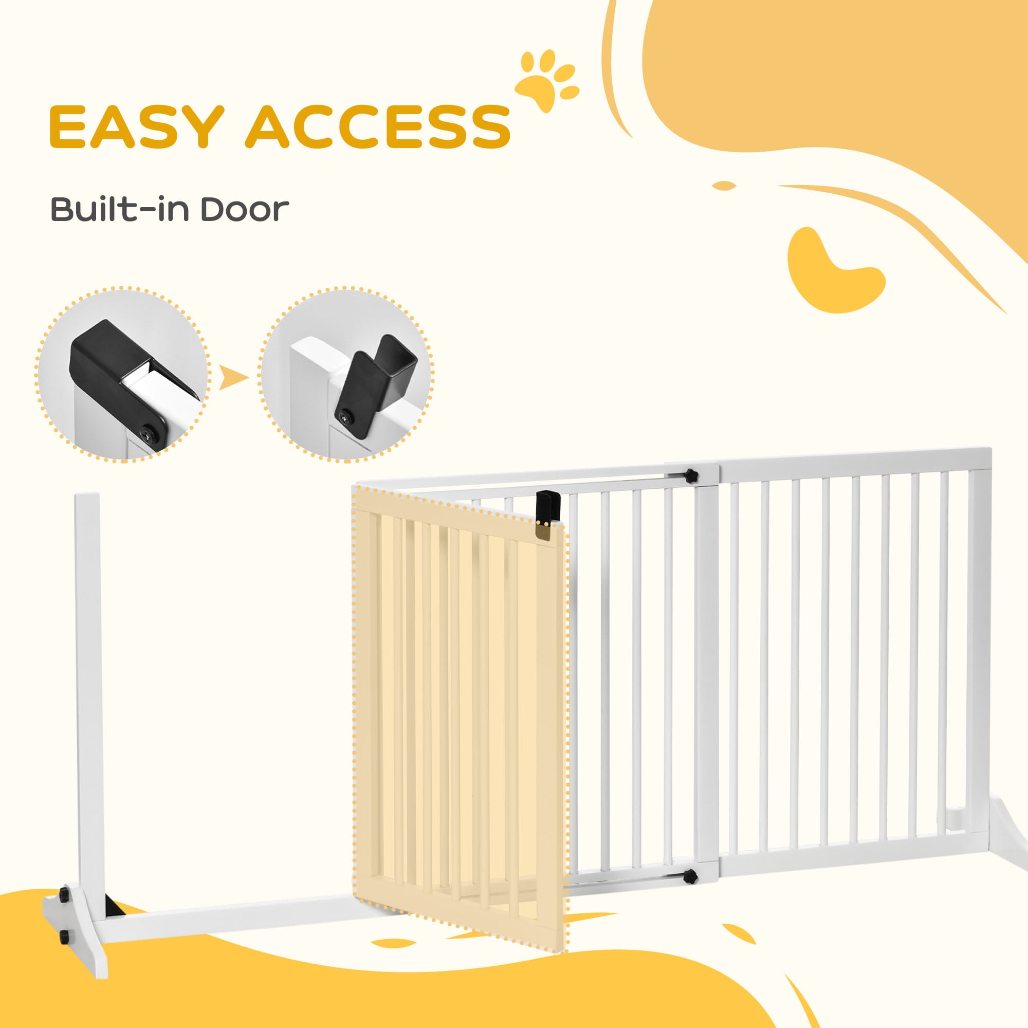 PawHut Wooden Freestanding Pet Gate Adjustable w/ Door Lock Safe Barrier White