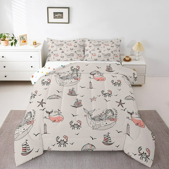 Mermaid Toddler Bedding Set, Ocean Theme Whale Comforter Set Marine Life Underwater World Bedding Pale Pink Room Decor, Kids Cartoon Sea Animal Duvet Set Reversible Stars Quilt Toddler Size 2Pcs