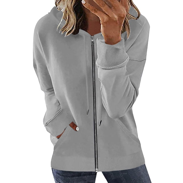 Bellella Chandails en Molleton à Capuche pour Femmes, Fermeture Éclair, Manches Longues, Veste Confortable à Cordon, Gris Clair m