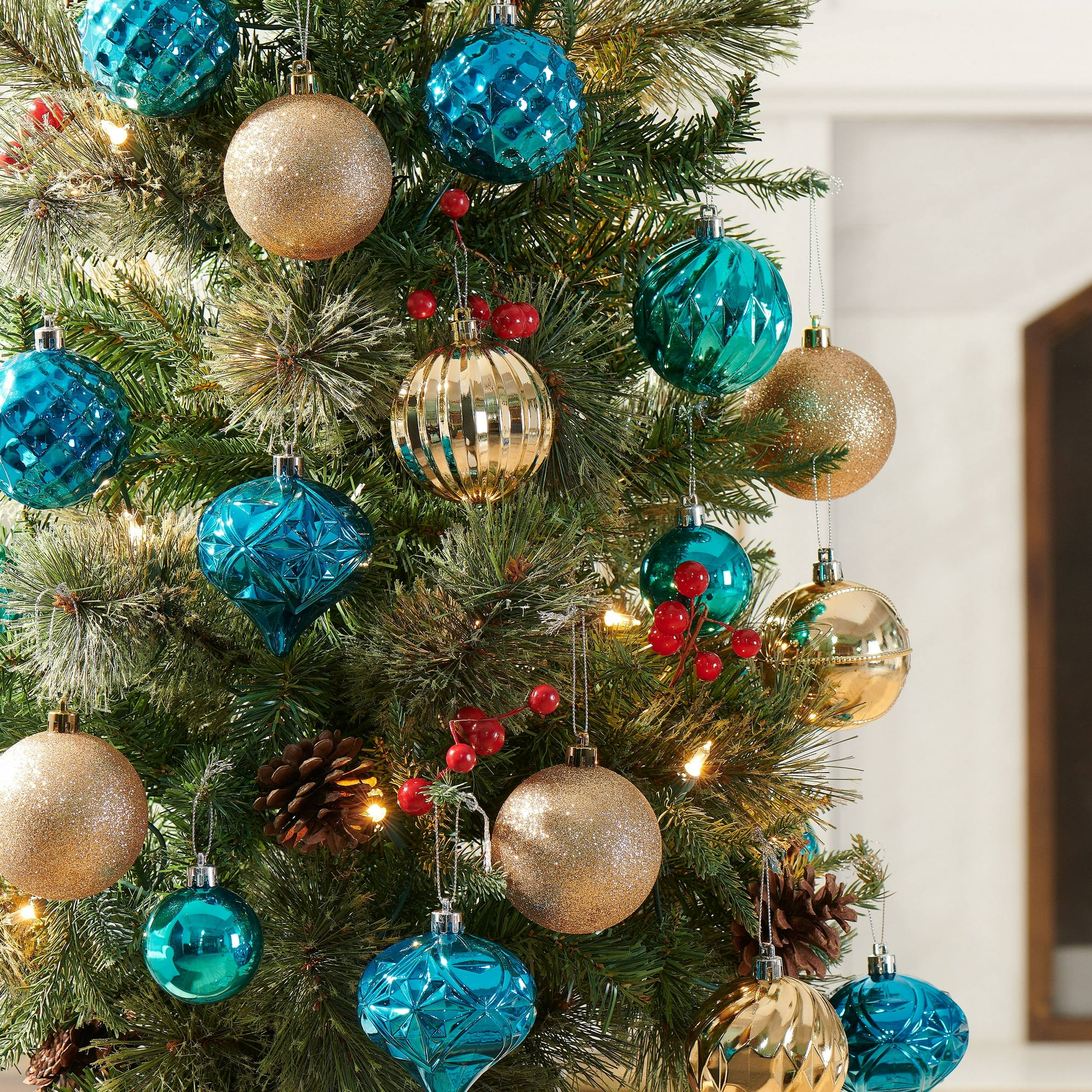 Holiday Time Shatterproof Christmas Tree Ornaments 50 Count Dark Teal Gold And Light Teal Walmart Com Walmart Com