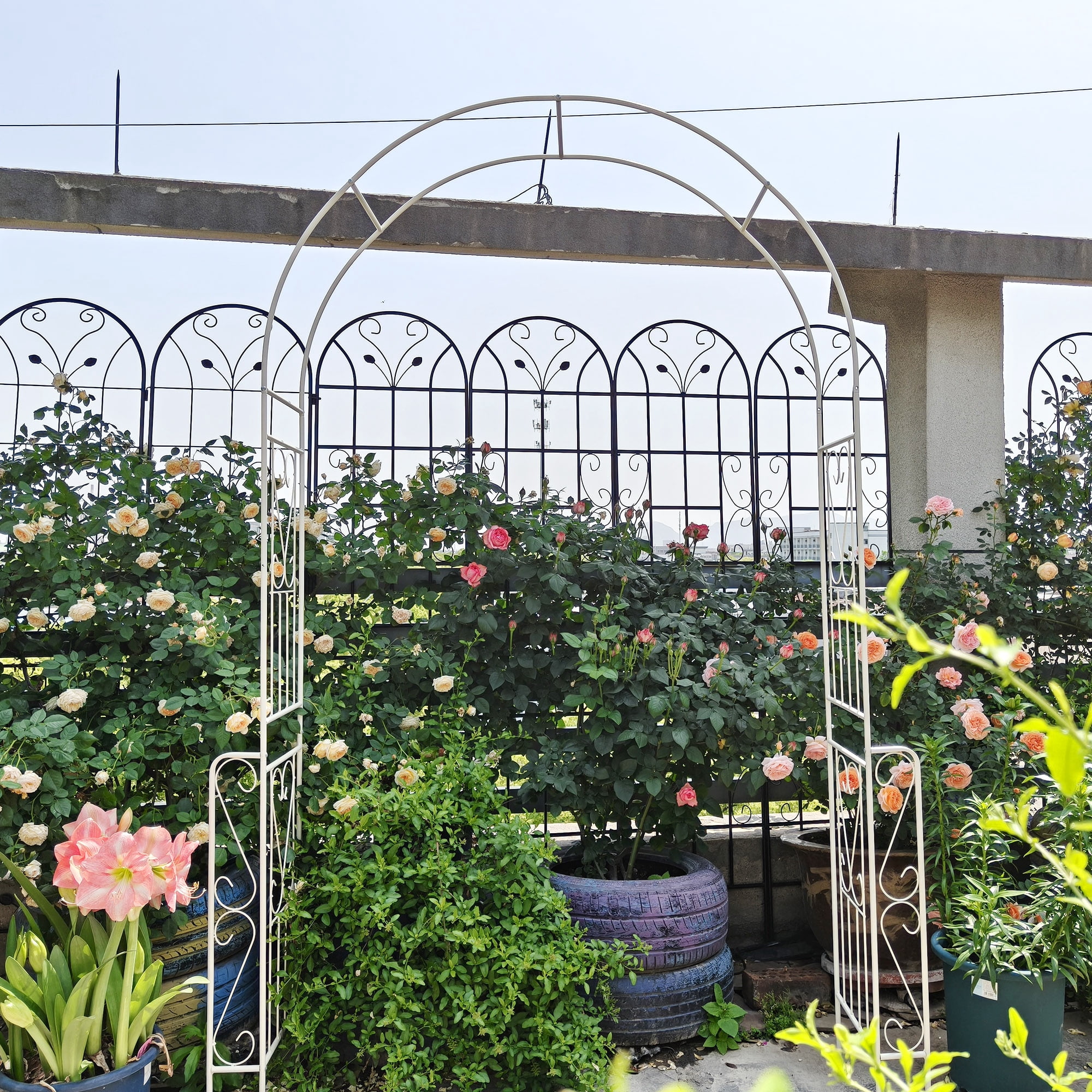 Garden Arch W55" x H94.5" Garden Arbor Trellis Climbing Plants Support Rose Arch Outdoor Arch Cream White