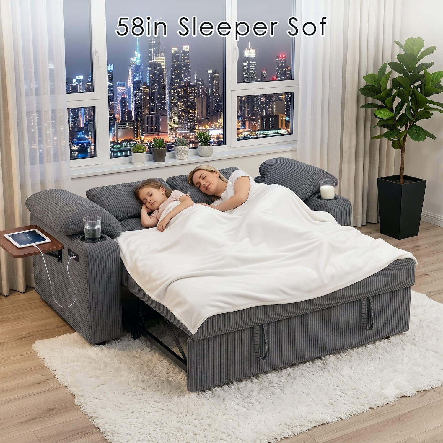 58" Convertible Sleeper Sofa Bed, Full Size Pull Out Couch with USB Charging, Cup Holders, Side Table, Adjustable Backrest, Corduroy Loveseat for Living Room, Apartment, Office (Dark Gray)