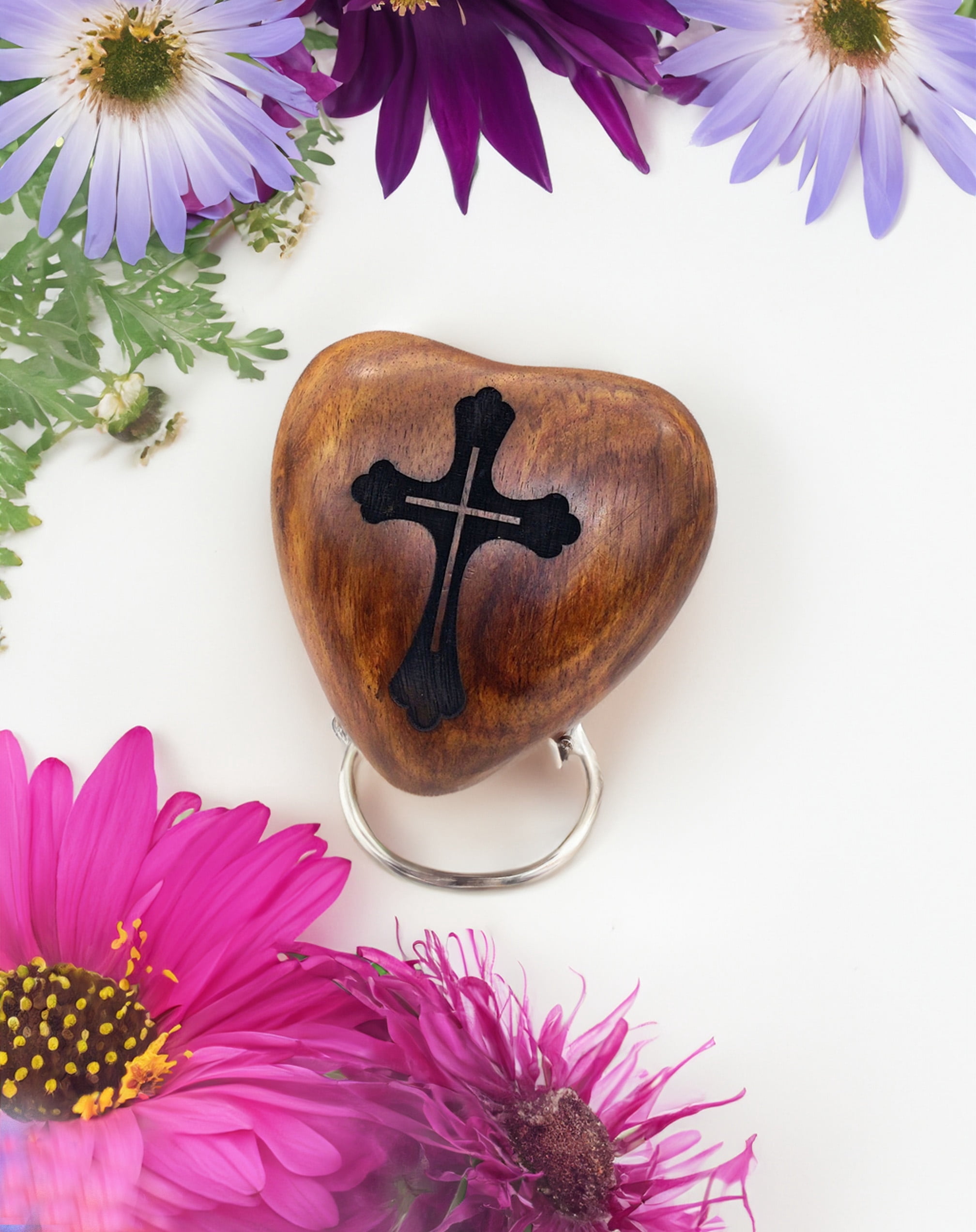 5MOONSUN5 Wooden Heart Urn Keepsake Cremation Urn for Human pet Ashes Handcrafted Urn Heart Shaped - Perfect for Adults & Infants with Brass Stand 3 inch with CROSS Engraving
