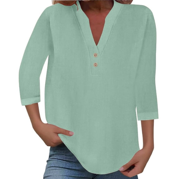 LIUJUNSHOP 3/4 Sleeve Tops for Women Henley Raglan Notched V Neck T Shirts Three Quarter Length Button Shirts Womens Blouses
