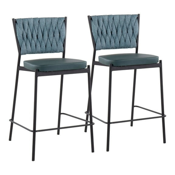 LumiSource Black Metal, Green PU, Sea Green Fabric Braided Tania Counter Stool - Set of 2