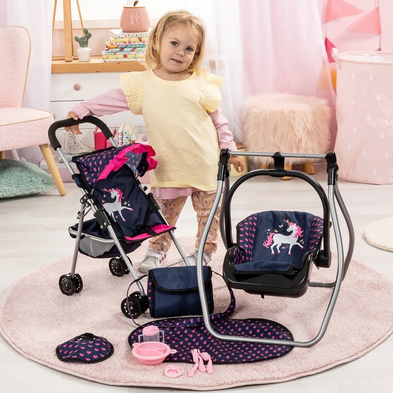 Bayer Design Dolls: 11 Piece Stroller Set Navy, Pink, Hearts, Unicorn  Swing, Bag, Changing Mat, Feeding Accessories For Dolls, Kids Toy, Ages 3+