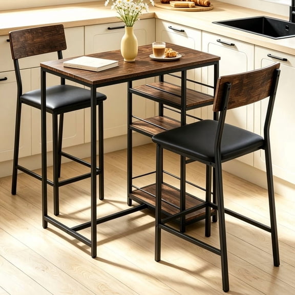 Ktaxon 3 Pieces Dining Table Set for 2, Counter Height Bar Table Set with Storage Shelves and Padded Chairs for Dining Room, Kitchen, Rustic Brown