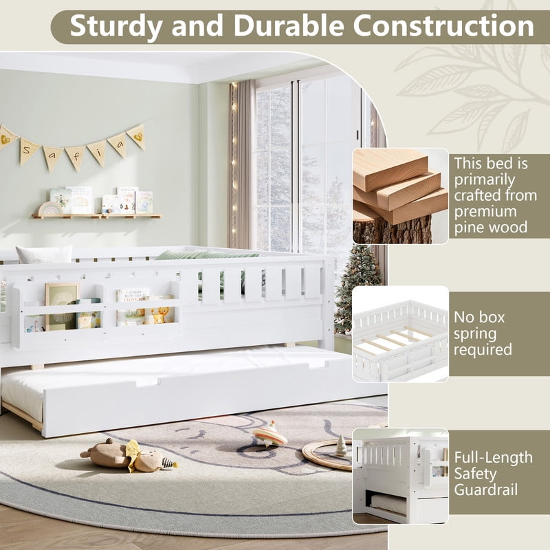 Full Size Low-Profile Kid's Platform Bed with Built-in Bookshelves & Small Staircase, Wooden Bed Frame with Safety Rails & Trundle