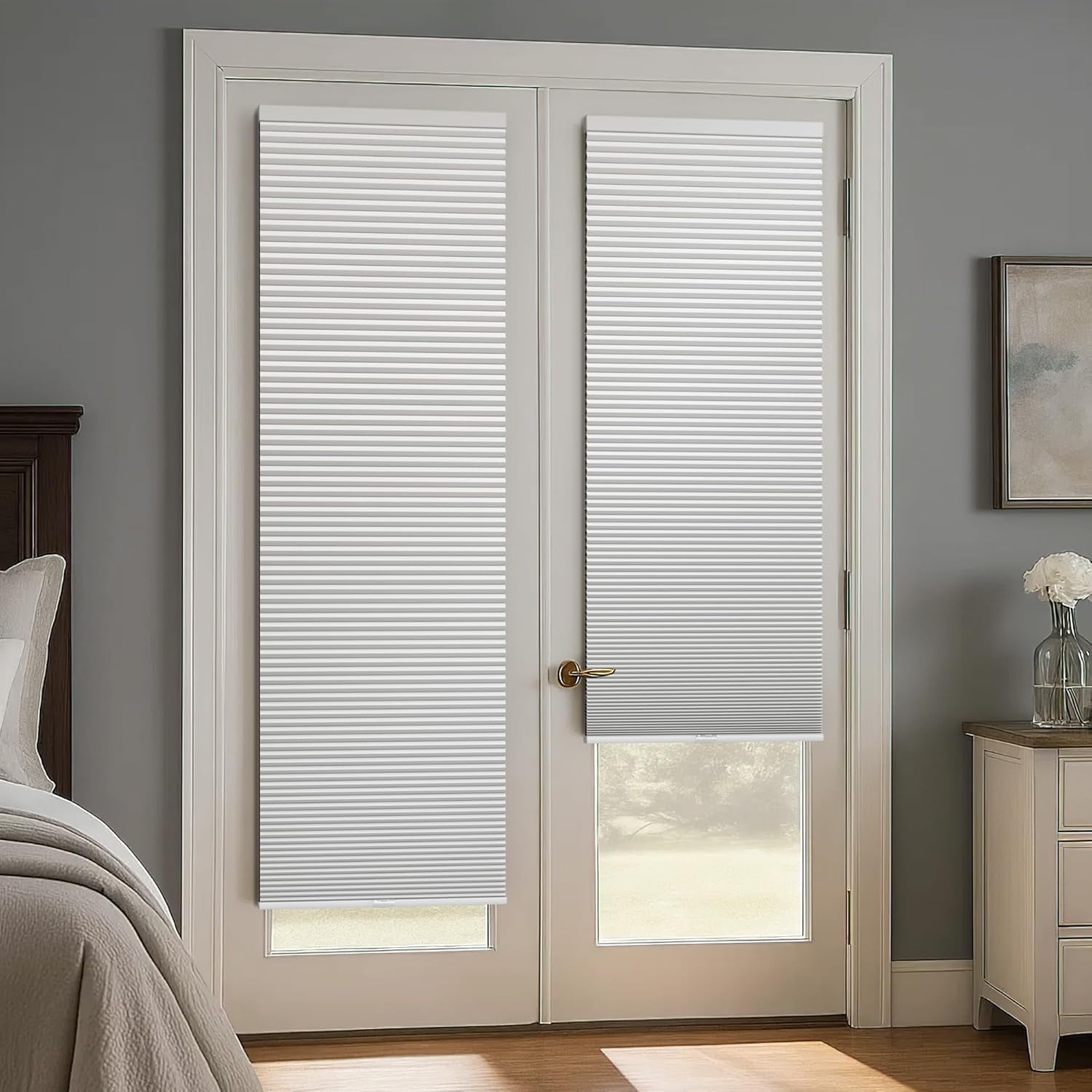 LazBlinds Cordless Cellular Shades for French Doors, No Drill French Door Blinds for Privacy, Blackout Light Blocking Honeycomb Shades for Sliding Doors Front Door Patio, 1 Pack, 25" W x 70" H, White