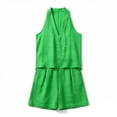 thumbnail image 4 of Guluxicc 2 Piece Womens Outfit Sets Linen Halter Neck Sleeveless Deep V Neck Top High Waist Pleated Shorts Outfits with Pockets for Summer Casual Wear, 4 of 5