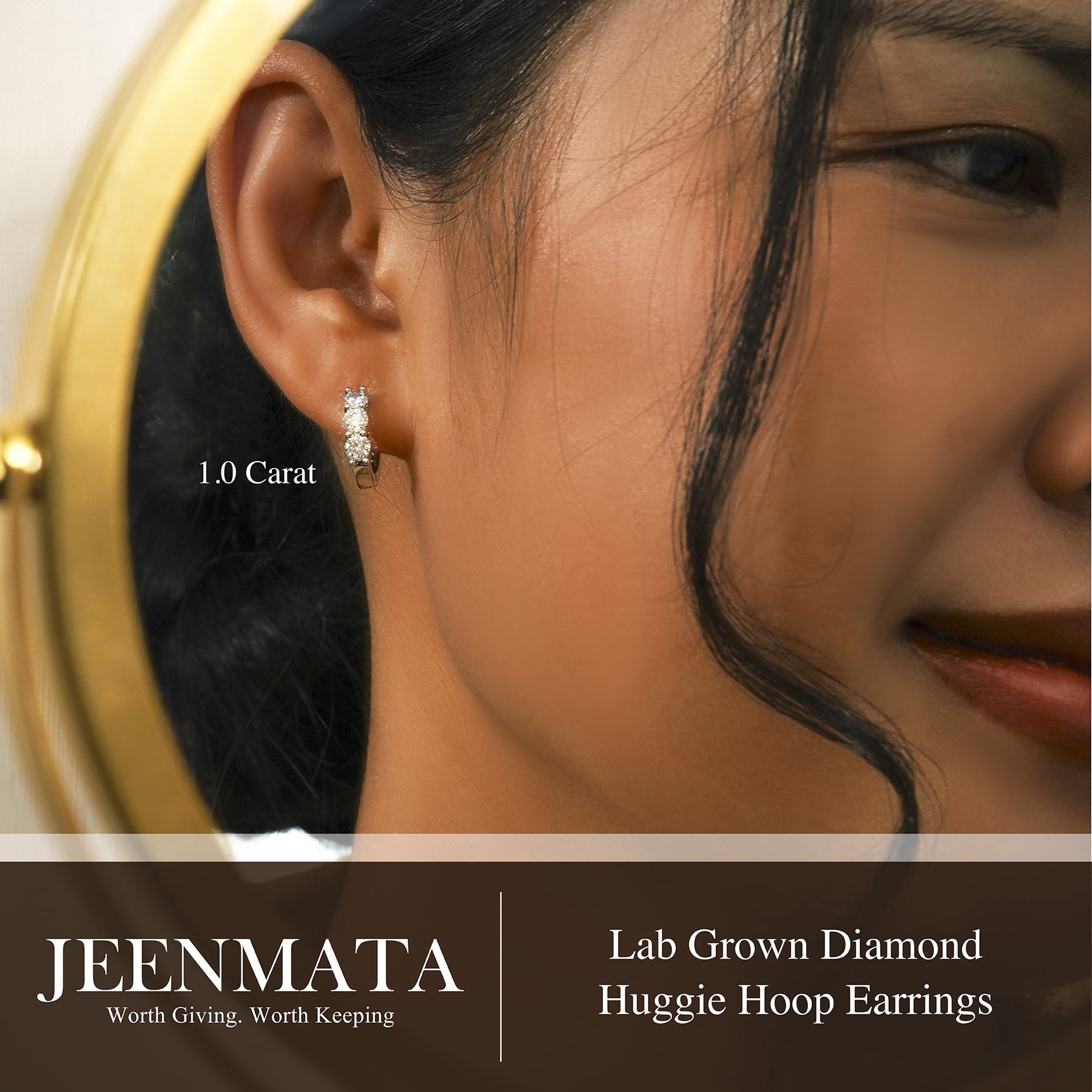 JeenMata 1 Carat Lab Grown Diamond Huggie Hoop Earring - Round Cut Three Stones Huggie Earrings in 18K White Gold Plating for Women, Gift for Her
