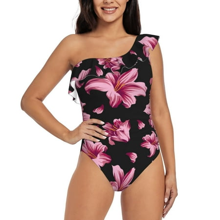 Gukieu Lilies Flowers Print One-shoulder Ruffled One-piece Swimsuit with Removable Chest Pads and Tummy-control Swimsuit for Women-X-Large
