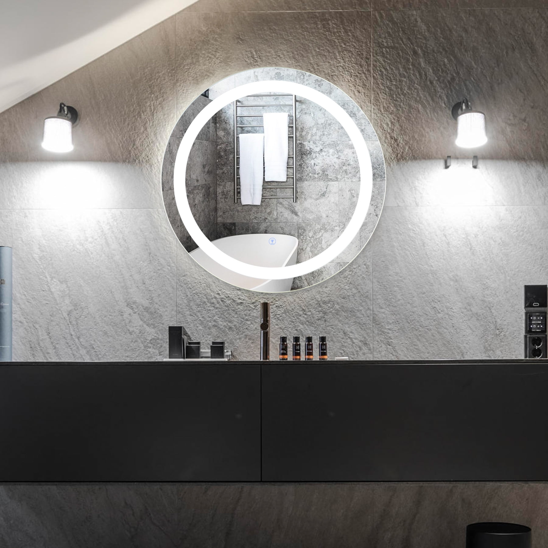 Preenex 2' Silver Round Makeup Mirror with Lights and Smart Control for