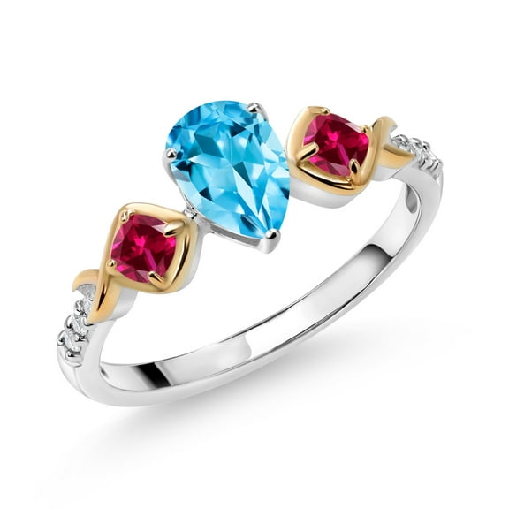 Gem Stone King 1.12 Ct Swiss Blue Topaz Red Created Ruby 925 Silver and 10K Yellow Gold Ring (Size 6)