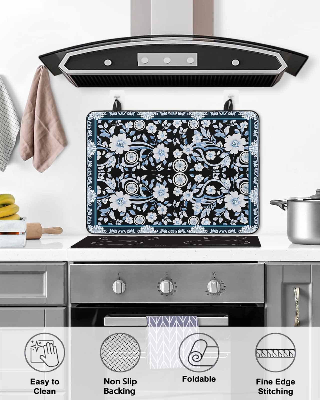 nqOlkjepod Large Induction Cooktop Protector Mat 36"x21", Black White Flowers Stove Top Covers for Electric Stove, Rustic Vintage Botanical Leaves Stove Burner Cover Mats, Glass Top Stove Cover