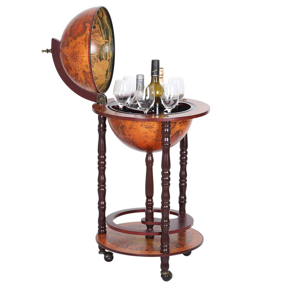 Vintage Wood Globe Wine Cart, 3Bottle Wine Holder Dark Brown